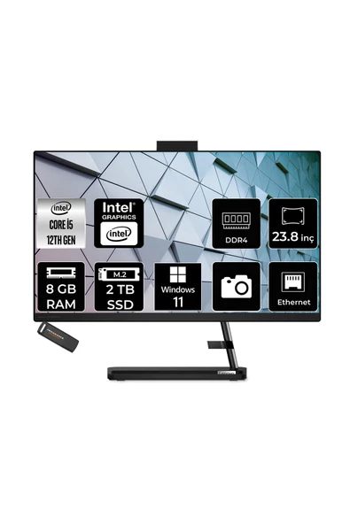 LENOVO IdeaCentre 24IAP7 i5 12450H 8GB 2TB SSD 23.8" FHD W11P Siyah All in One Bilgisayar ürün görseli 1