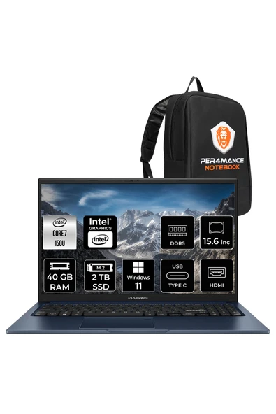 ASUS VivoBook 15 Intel Core 7 150U 40GB 2TB SSD 15.6" FHD W11H Taşınabilir Bilgisayar & PER4 Çanta ürün görseli 1