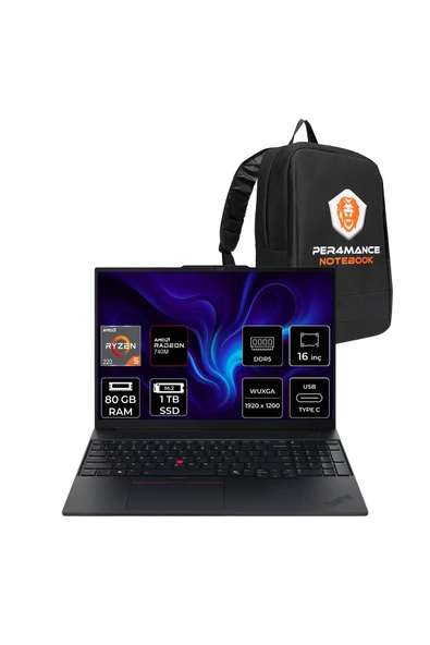 LENOVO ThinkPad E16 AMD Ryzen 5 220 80GB 1TB SSD 16" FHD+ FDOS Taşınabilir Bilgisayar & PER4 ÇANTA ürün görseli 1
