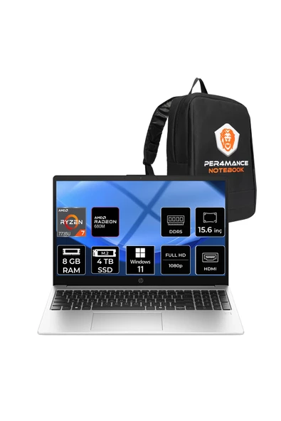 HP 255R G10 Ryzen 7 7735U 8GB 4TB SSD 15.6" FHD W11H Dizüstü Bilgisayar & PER4 Çanta ürün görseli 1