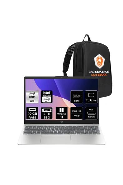 HP AI 15 Intel Core Ultra 5 225U 40GB 2TB SSD 15.6" FHD W11H Dizüstü Bilgisayar & PER4 Çanta ürün görseli 1