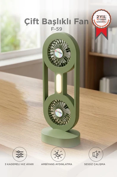 Şarjlı Masaüstü Vantilatör Çift Başlıklı 1200 Mah Işıklı Taşınabilir Masa Fanı F59 Yeşil ürün görseli 1