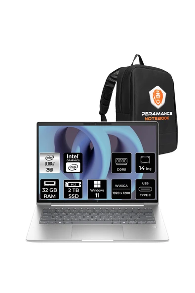 HP EliteBook 6 G1i Ultra 7 255U 32GB 4TB SSD Intel Graphics 14" WUXGA W11H Notebook & PER4 Çanta ürün görseli 1