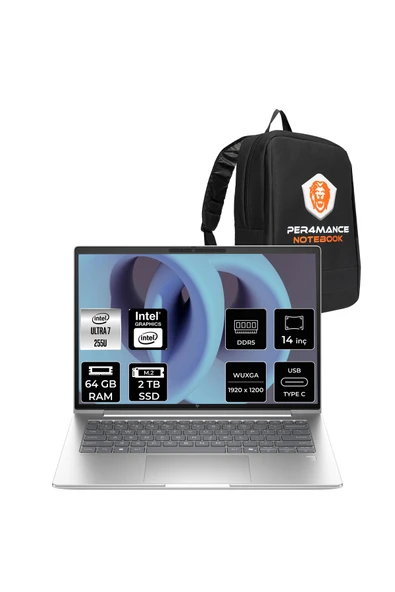 HP EliteBook 6 G1i Ultra 7 255U 64GB 4TB SSD Intel Graphics 14" WUXGA FDOS Notebook & PER4 Çanta ürün görseli 1