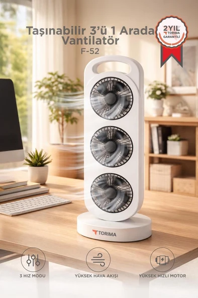 Şarjlı Masaüstü Vantilatör 3 Fanlı Kule Tipi Taşınabilir Fan F52 Beyaz Siyah ürün görseli 1
