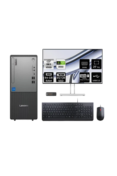 LENOVO ThinkCentre Neo 50T G5 i5 14400 64GB 512GB SSD RTX3050/6GB FDOS Masaüstü Bilgisayar + 27" ürün görseli 1