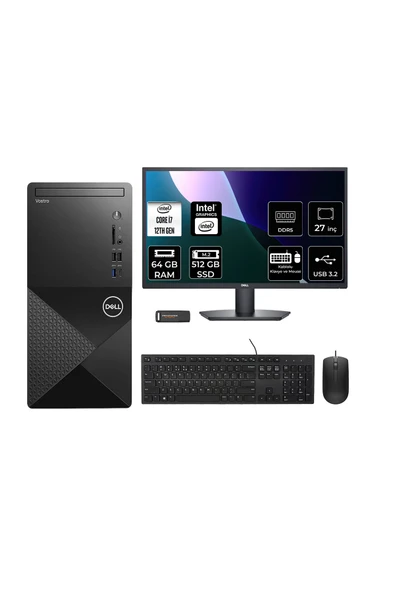 Dell Vostro 3030MT i7 12700 64GB 512GB SSD FDOS Masaüstü Bilgisayar + 27" Monitör ürün görseli 1