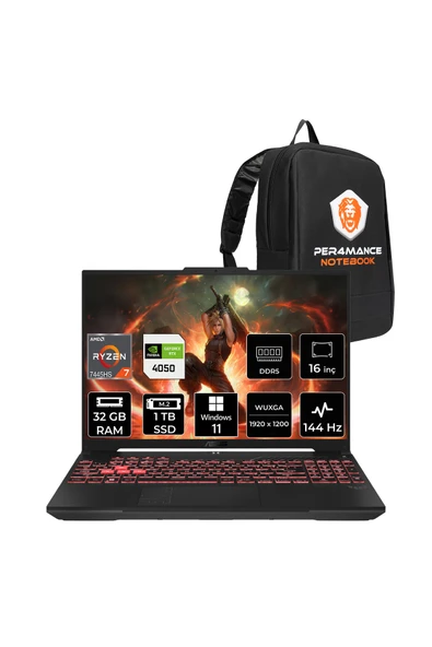 ASUS TUF A16 R7-7445HS 32GB 1TB SSD RTX4050/6GB 140W 16'' FHD+ W11P Gaming Laptop FA607NUG & ÇANTA ürün görseli 1