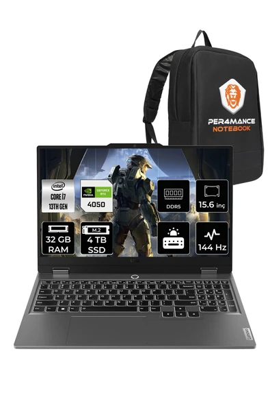 LENOVO LOQ i7 13650HX 32GB 4TB SSD RTX4050/6GB 105W 15.6" FHD 144Hz FDOS Gaming Laptop & PER4 Çanta ürün görseli 1