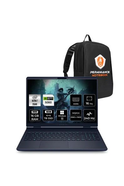 Dell Alienware 16X Aurora Ultra 7 255HX 16GB 4TB+4TB SSD RTX5060/8GB 16" QHD+ W11P Gaming Laptop ürün görseli 1