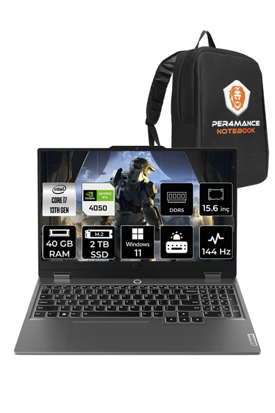 LENOVO LOQ i7 13650HX 40GB 2TB SSD RTX4050/6GB 105W 15.6" FHD 144Hz W11H Gaming Laptop & PER4 Çanta ürün görseli 1