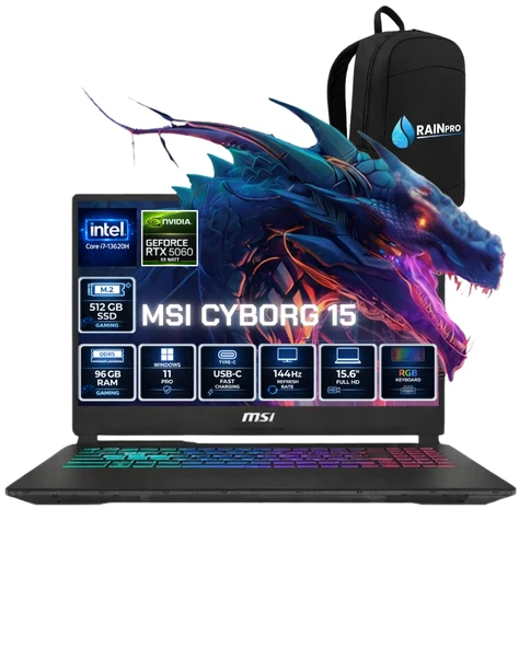 Cyborg 15 Intel Core® I7 13620H 96 GB DDR5 512 GB SSD 8GB /RTX5060 Gddr7 Win11Pro 15.6'' FullHD 144HZ IPS GAMİNG LAPTOP B13WFKG-679XTRRNP29 ürün görseli 1