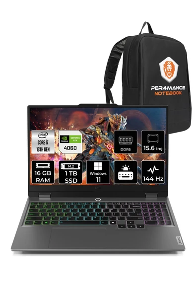 LENOVO LOQ i7 13650HX 16GB 1TB SSD RTX4060/8GB 115W 144Hz 15.6" W11P Gaming Laptop & PER4 ÇANTA ürün görseli 1
