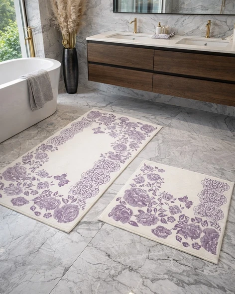 Cotton Soft -Lila Beyaz- 2li Banyo Seti, Paspas Takımı ürün görseli 1