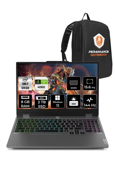LENOVO LOQ i7 13650HX 8GB 2TB SSD RTX4060/8GB 115W 144Hz 15.6" W11H Gaming Laptop & PER4 ÇANTA ürün görseli 1