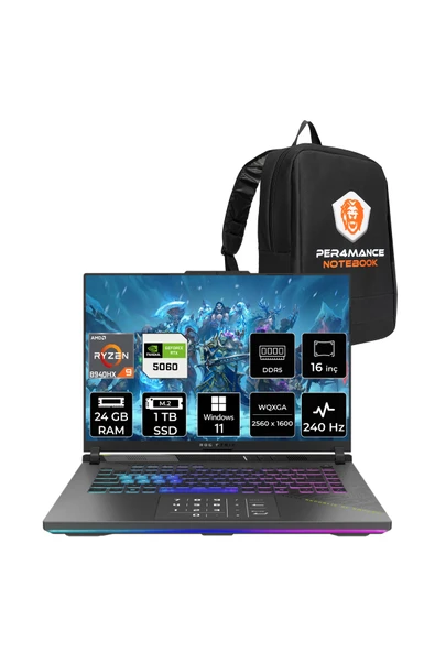 ASUS Rog Strix G16 R9 8940HX 24GB 1TB SSD RTX5060/8GB 240Hz 16" WQXGA W11H Gaming Laptop G614PM ürün görseli 1