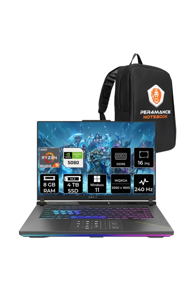 ASUS Rog Strix G16 R9 8940HX 8GB 4TB SSD RTX5060/8GB 240Hz 16" WQXGA W11H Gaming Laptop G614PM ürün görseli 1