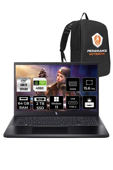 ACER Nitro V15 i9 13900H 64GB 2TB SSD RTX4060/8GB 15.6'' 165Hz FHD W11P Gaming Laptop & PER4 ÇANTA ürün görseli 1