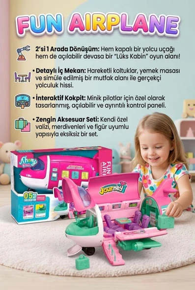 Eğlenceli Uçak! Bebek Figürlü 5 Farklı Bölgesi Açılan Detaylı Kokpitli Form Değiştiren Oyuncak Uçak ürün görseli 1
