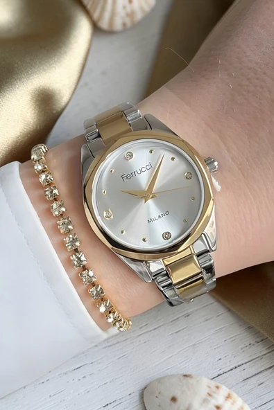 Yeni Model Çelik Bilezik Altın / Metalik Kadın Kol Saati + Zirkon Taşlı Bileklik ürün görseli 1