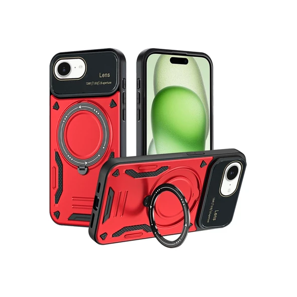 iPhone 17E Kılıf Joy Lens Standlı Kapak - Kırmızı ürün görseli 1