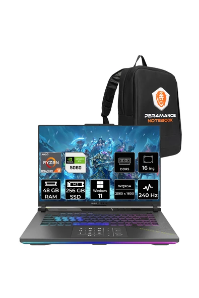 ASUS Rog Strix G16 R9 8940HX 48GB 256GB SSD RTX5060/8GB 240Hz 16" WQXGA W11H Gaming Laptop G614PM ürün görseli 1