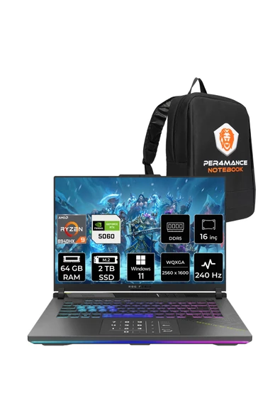 ASUS Rog Strix G16 R9 8940HX 64GB 2TB SSD RTX5060/8GB 240Hz 16" WQXGA W11H Gaming Laptop G614PM ürün görseli 1