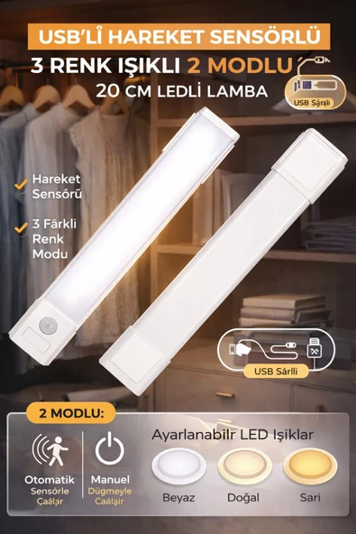 Hareket Sensörlü LED Lamba 20cm USB Şarjlı 3 Renk Işık Dolap Mutfak Tezgah Altı Aydınlatma 1ADET ürün görseli 1