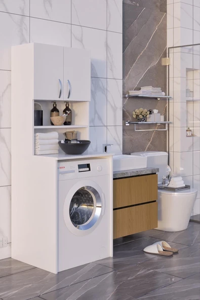 dekor fim DF03106B Çamaşır Makinesi Dolabı Üstü Çok Amaçlı 2 Kapaklı 4 Raflı Banyo Dolabı Depolama Alanı Beyaz ürün görseli 1