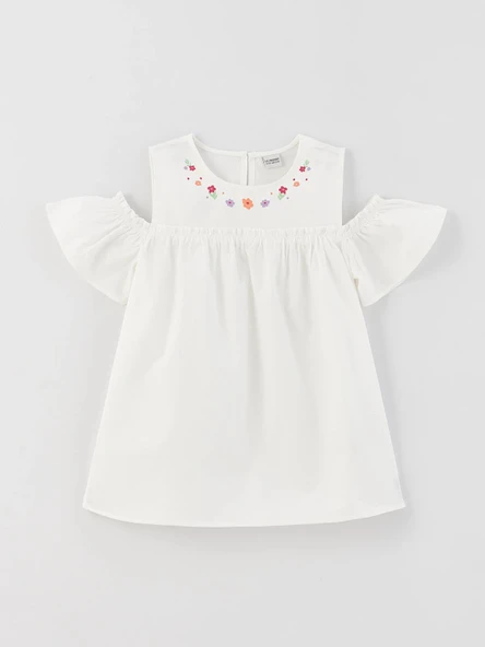 LCW Kids Ekru Bisiklet Yaka Baskılı Kısa Kollu Kız Çocuk Bluz ürün görseli 1