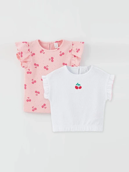 LCW baby Beyaz Bisiklet Yaka Baskılı Kız Bebek Tişört 2'li ürün görseli 1
