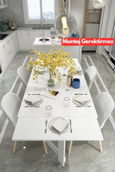 dekor fim DF01111B Pratik Katlanır Montajlı Mutfak Masası 6-8 Kişilik Beyaz Yemek Mutfak Davet Masası 205 cm ürün görseli 1