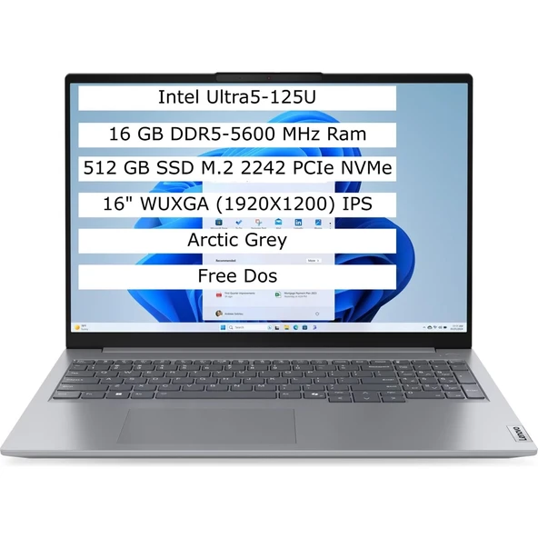 Lenovo Thinkbook 16 Intel Core Ultra 5 125U 16GB 512GB SSD 16" IPS Panel Freedos Taşınabilir Bilgisayar 21MS005KTR ürün görseli 1
