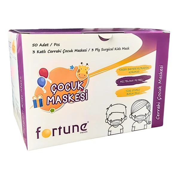 Kuteks Fortune 3 katlı cerrahi Çocuk Maskesi Beyaz 10lu 5 Paket 50 Adet ürün görseli 1