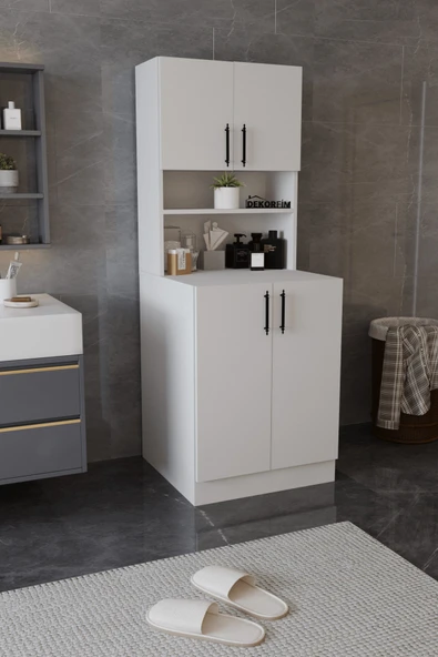 dekor fim DF03101B Çamaşır Makinesi Dolabı Üstü Çok Amaçlı 4 Kapaklı 4 Raflı Banyo Dolabı Depolama Alanı Beyaz ürün görseli 1