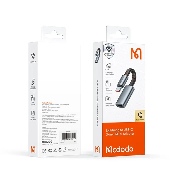 MCDODO CA-4870 Lightning To Type-c 3in1 Arada Dönüştürü - Gri - Resim 2