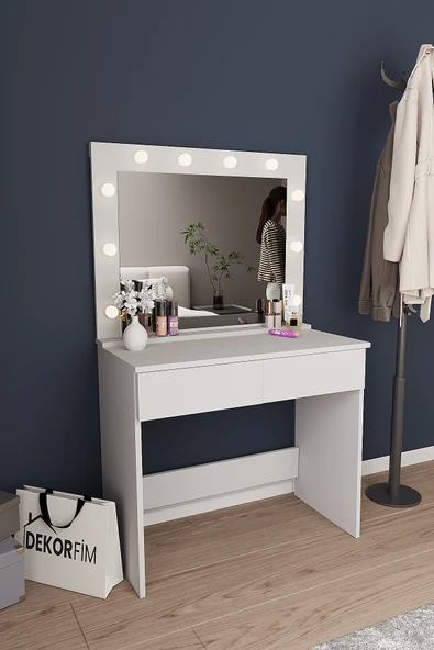 DF02108 LED Işıklı Aynalı Holywood Makyaj Masası, Bölmeli Çekmeceli Organizer Kozmetik Masası ürün görseli 1