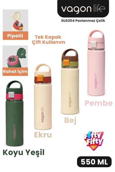 550 ML Tek Kapak Çift Kullanım Pipetli Rahat İçim Kulplu Paslanmaz Çelik Termos 1110-550ML ürün görseli 1