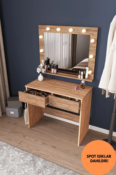 dekor fim DF02108AC LED Işıklı Aynalı Holywood Makyaj Masası, Bölmeli Çekmeceli Organizer Kozmetik Masası ürün görseli 1