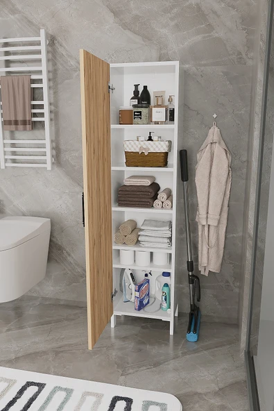 DEKORFİM DF08105KAC Çam Beyaz Çok Amaçlı Banyo Dolabı 5 Raflı, Tek Kapaklı Dar Alan Depolama Dolabı ürün görseli 1
