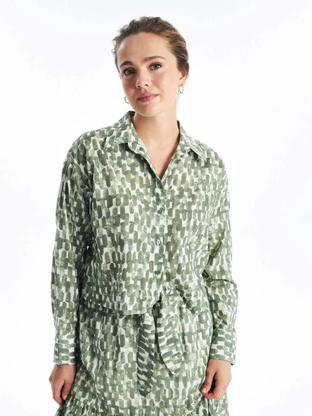 LCW Modest Yeşil Gömlek Yaka Desenli Uzun Kollu Crop Kadın Bluz ürün görseli 1
