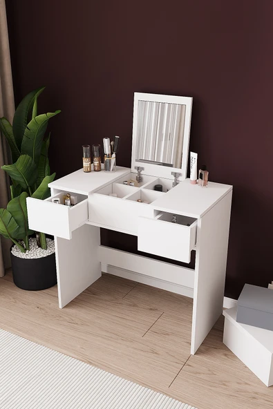 dekor fim DF02112B Anka Çekmeceli Aynalı Kapaklı Makyaj Masası Yatak Odası Modern Organizer Beyaz ürün görseli 1