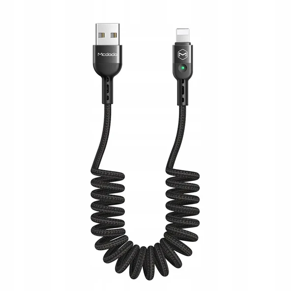 MCDODO CA-6410 USB-A To Lightning LED Işıklı Spiralli Data Şarj Kablosu 1.8m Siyah ürün görseli 1