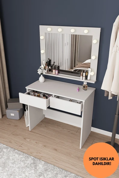 dekor fim DF02108B LED Işıklı Aynalı Holywood Makyaj Masası, Bölmeli Çekmeceli Organizer Kozmetik Masası ürün görseli 1
