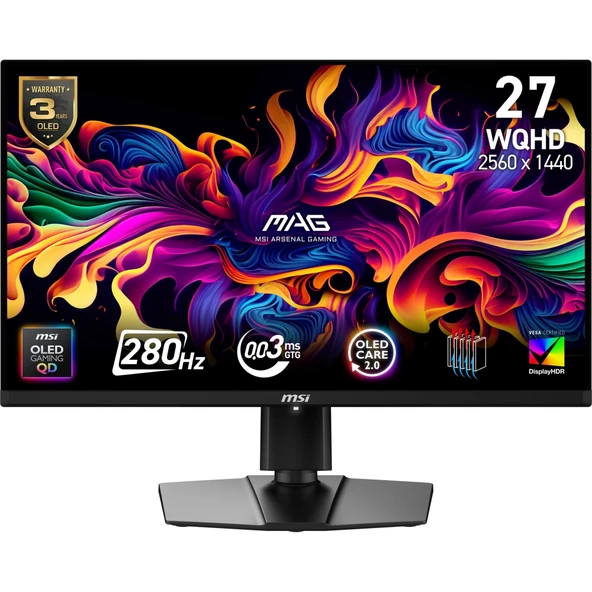 MSI MAG 271QP QD-OLED X28 27 2560x1440 WQHD 280Hz 0.03 ms HDMI DP Type-C True Black 400 FreeSync Premium Pro QD-OLED Gaming Monitör ürün görseli 1