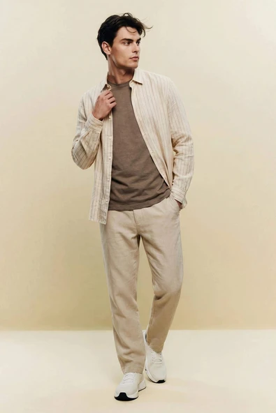 Defacto B4138AXBG74 Bej %100 Pamuk Regular Fit Keten Görünümlü Düz Paça Cepli Yazlık Jogger Pantolon ürün görseli 1