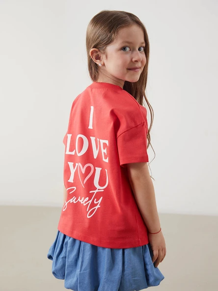 LCW Kids Kırmızı Bisiklet Yaka Baskılı Kız Çocuk Tişört ürün görseli 1
