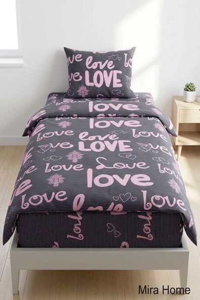 Love Yazılı Pamuklu Lastikli Çarşaflı Tek Kişilik Nevresim Takımı (100x200 Cm) ürün görseli 1