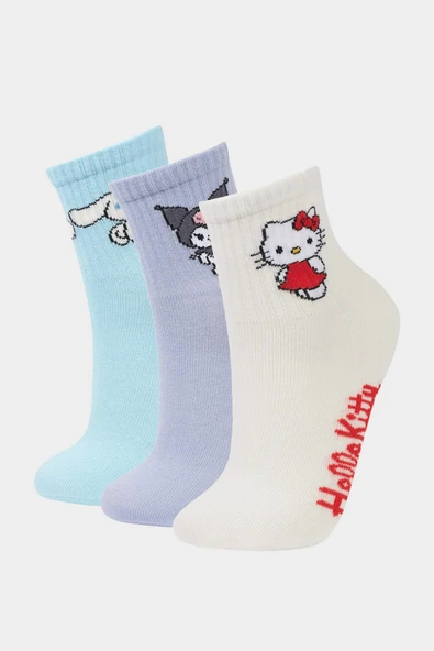 Defacto F6702A8KR1 Çok Renkli Hello Kitty  3'lü Pamuklu Uzun Çorap Kız Çocuk ürün görseli 1