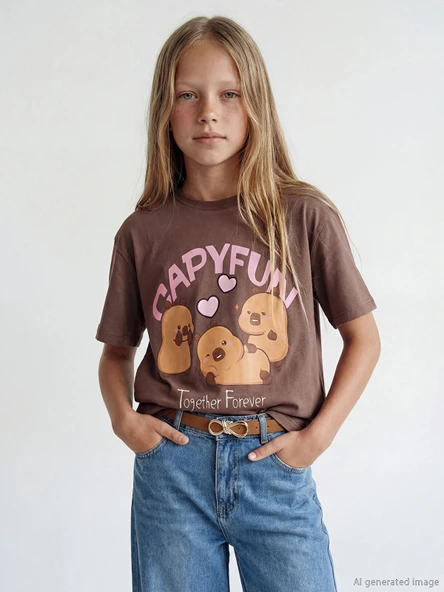 LCW Kids Kahverengi Bisiklet Yaka Capyfun Baskılı Kız Çocuk Tişört ürün görseli 1